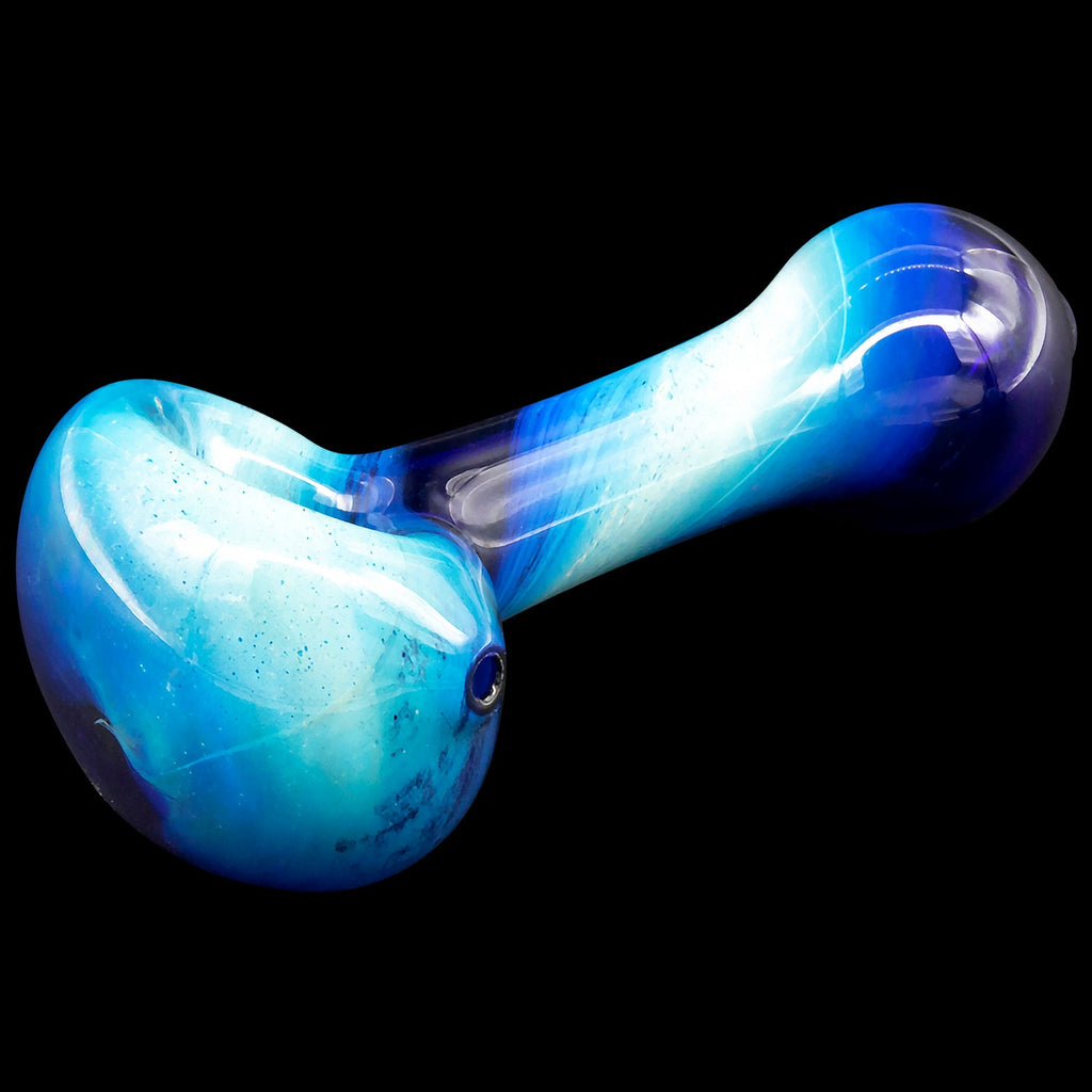 Glass pipe with blue and white marbled design on a black background